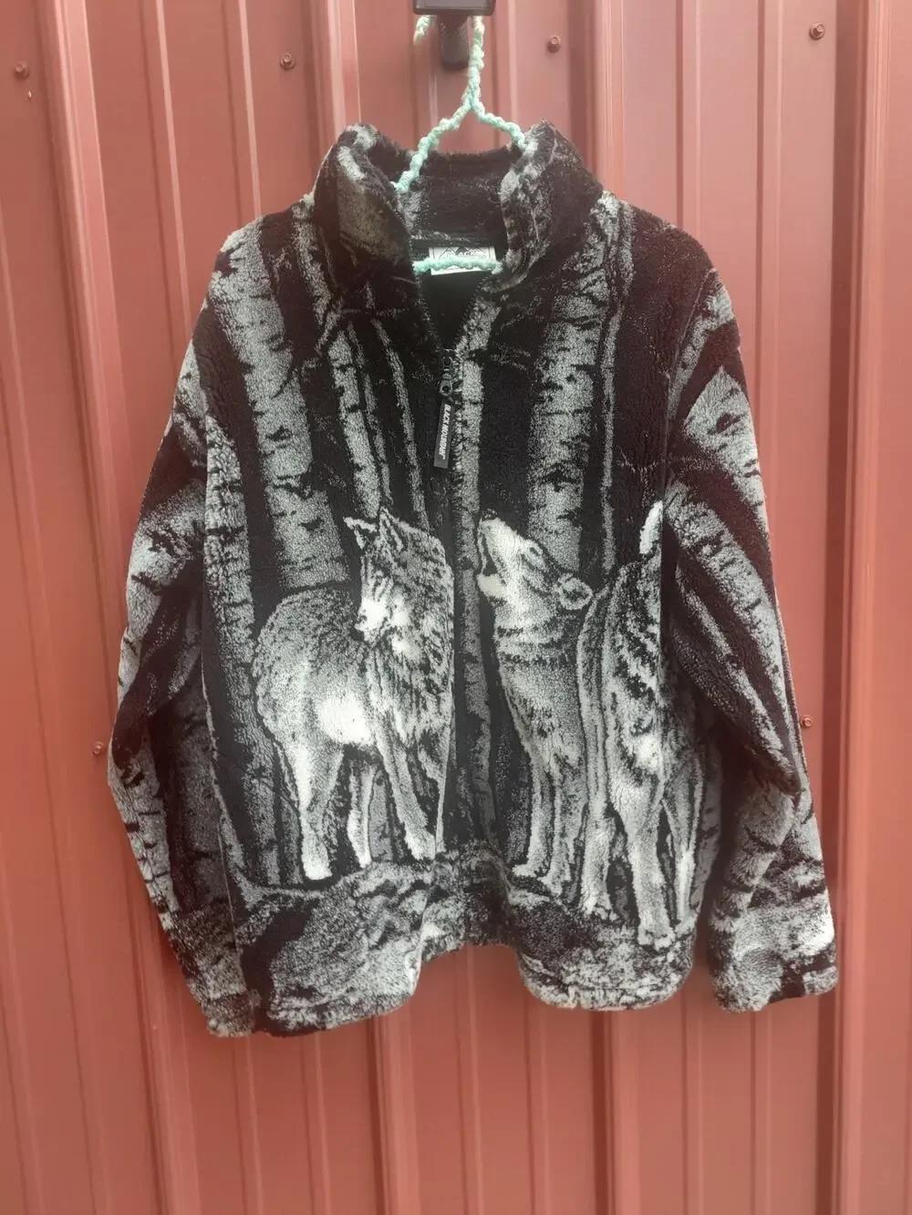 Black Mountain Wolf Fleece Jacket Black White vtg 90s Nature AOP Wolves USA L - Picture 1 of 7